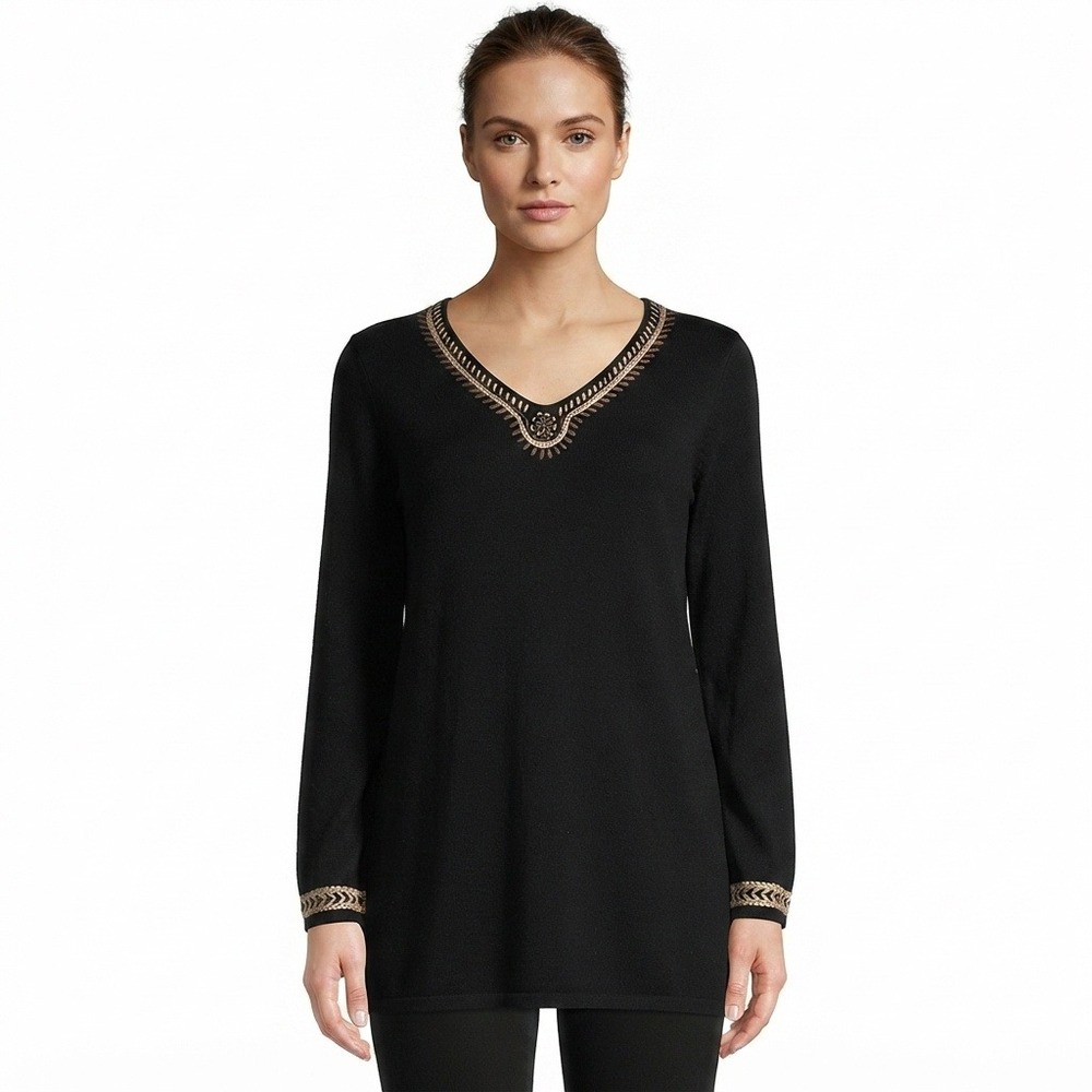 J. Jill Sweater Womens Medium Silk Cotton Blend Embroidered V-Neck Tunic Black